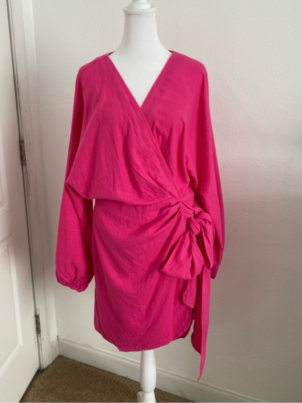 Wayf Fuchsia Long Sleeve Wrap Dress